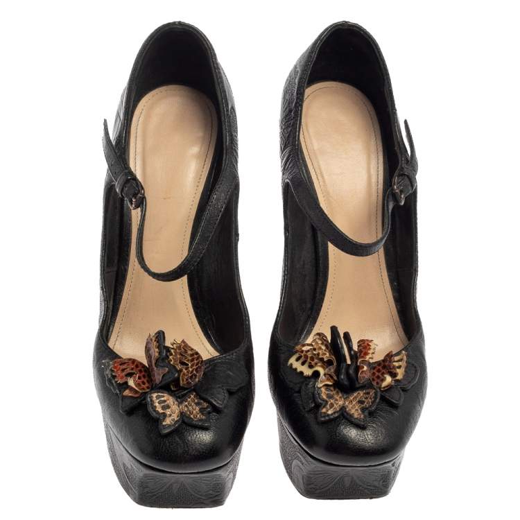 Pre Owned Bottega Veneta Black Embossed Leather Limited Edition 162/500 Butterfly Mary Jane Platform Pumps Size 38.5
