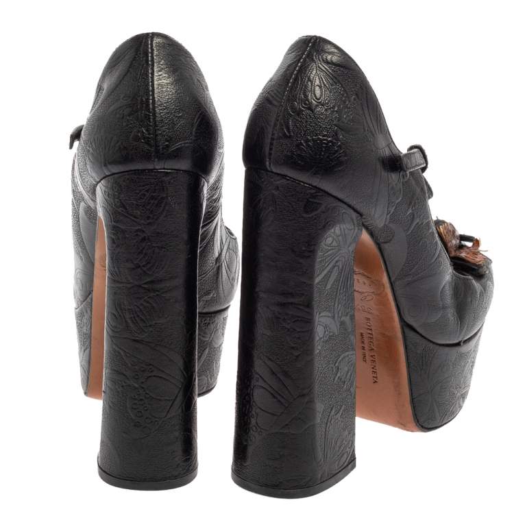 Pre Owned Bottega Veneta Black Embossed Leather Limited Edition 162/500 Butterfly Mary Jane Platform Pumps Size 38.5