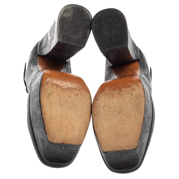 Pre Owned Bottega Veneta Black Embossed Leather Limited Edition 162/500 Butterfly Mary Jane Platform Pumps Size 38.5