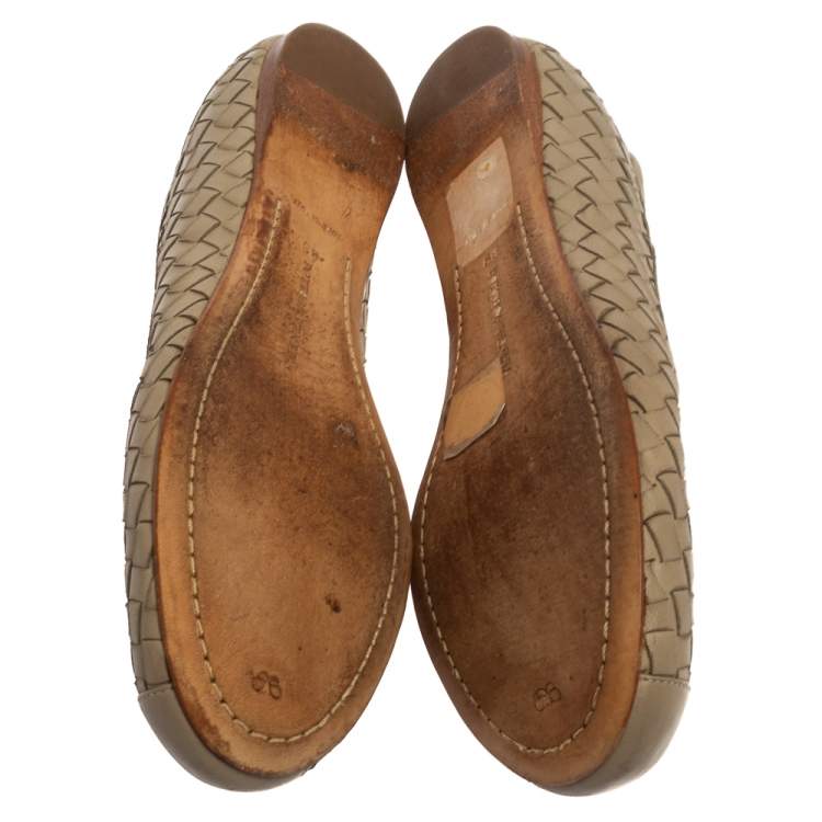 Pre Owned Bottega Veneta Beige Intrecciato Leather Bow Ballet Flats Size 39