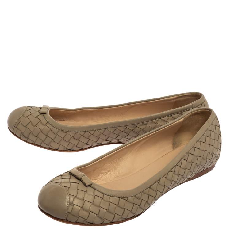 Pre Owned Bottega Veneta Beige Intrecciato Leather Bow Ballet Flats Size 39