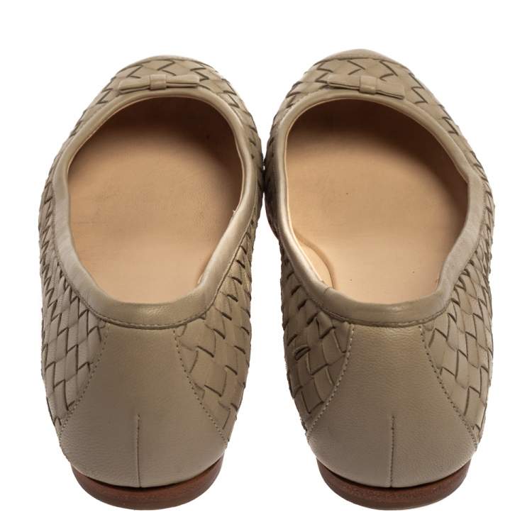 Pre Owned Bottega Veneta Beige Intrecciato Leather Bow Ballet Flats Size 39