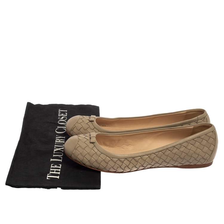 Pre Owned Bottega Veneta Beige Intrecciato Leather Bow Ballet Flats Size 39