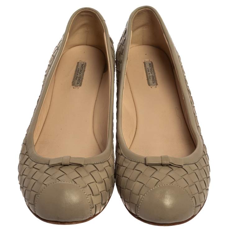 Pre Owned Bottega Veneta Beige Intrecciato Leather Bow Ballet Flats Size 39