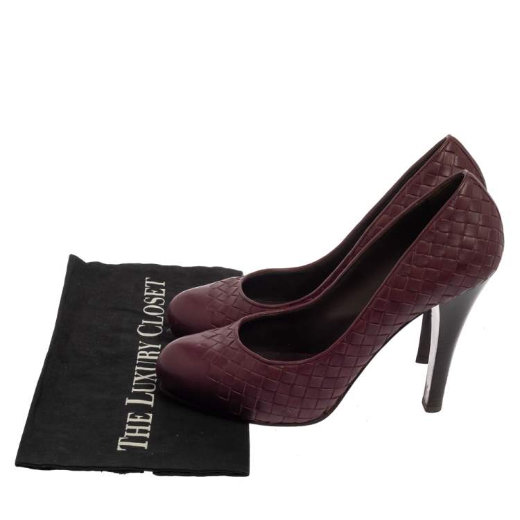Pre Owned Bottega Veneta Burgundy Leather Intrecciato  Platform Pumps Size 40