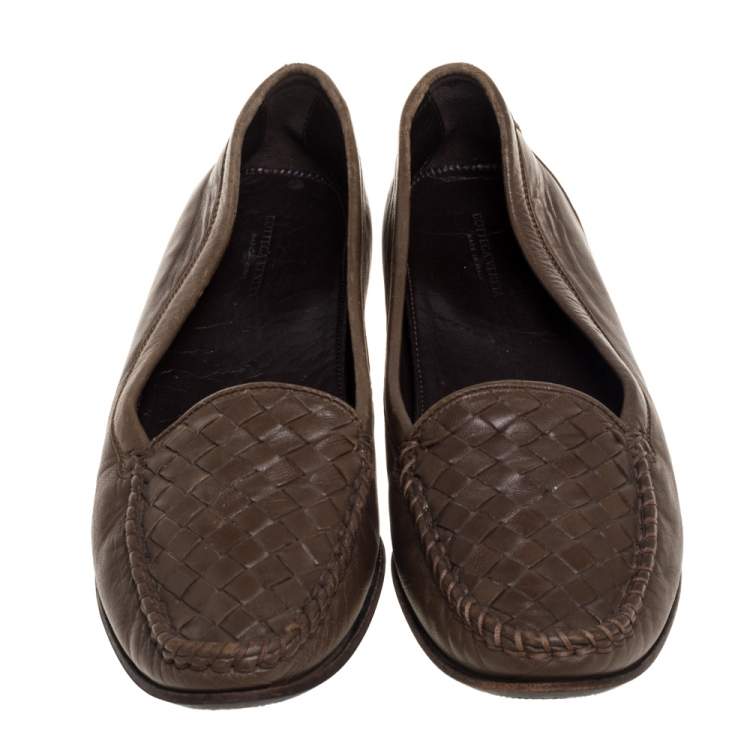 Pre Owned Bottega Veneta Olive Green Intrecciato Leather Loafers Size 38.5