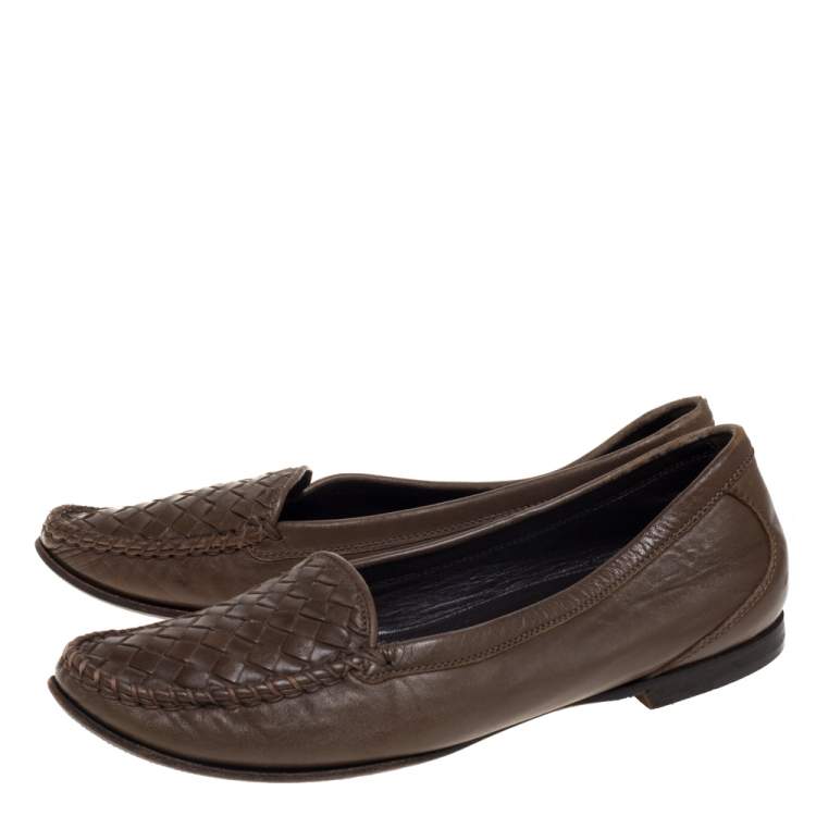 Pre Owned Bottega Veneta Olive Green Intrecciato Leather Loafers Size 38.5