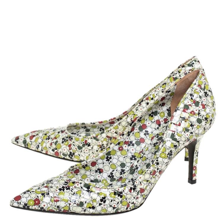 Pre Owned Bottega Veneta Multicolor Woven Leather Floral Print Intrecciato Pointed Toe Pumps Size 39