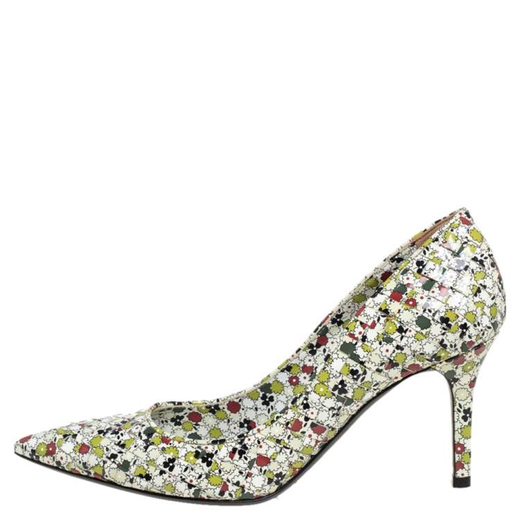 Pre Owned Bottega Veneta Multicolor Woven Leather Floral Print Intrecciato Pointed Toe Pumps Size 39