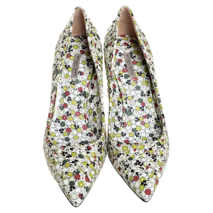 Pre Owned Bottega Veneta Multicolor Woven Leather Floral Print Intrecciato Pointed Toe Pumps Size 39