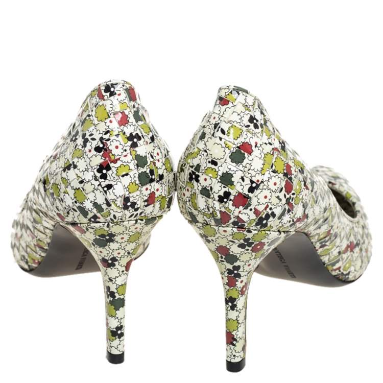 Pre Owned Bottega Veneta Multicolor Woven Leather Floral Print Intrecciato Pointed Toe Pumps Size 39