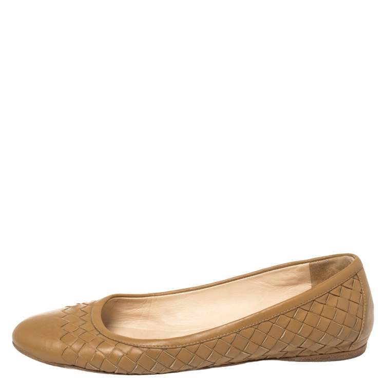 Pre Owned Bottega Veneta Brown Intrecciato Leather Ballet Flats Size 37.5