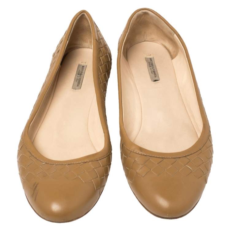 Pre Owned Bottega Veneta Brown Intrecciato Leather Ballet Flats Size 37.5