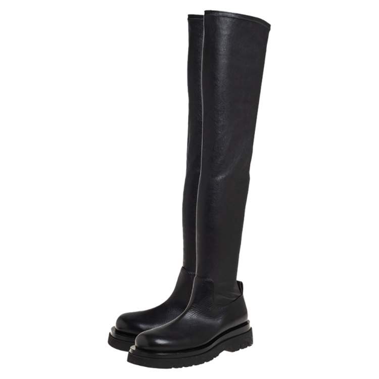 Pre Owned Bottega Veneta Black Leather Lug Sole Over The Knee Boots Size 39.5