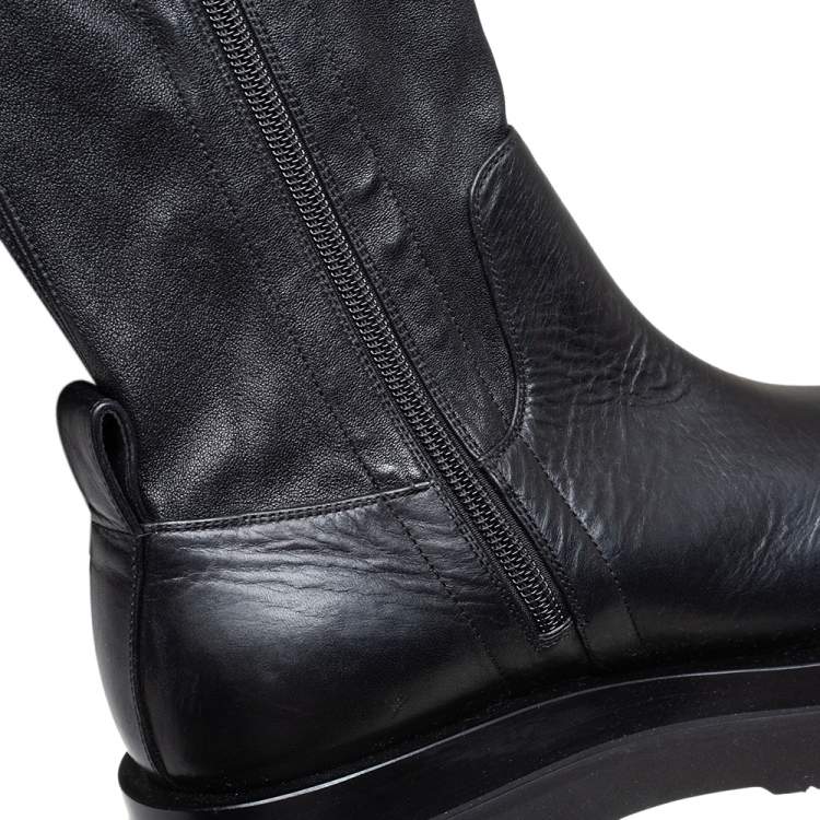 Pre Owned Bottega Veneta Black Leather Lug Sole Over The Knee Boots Size 39.5