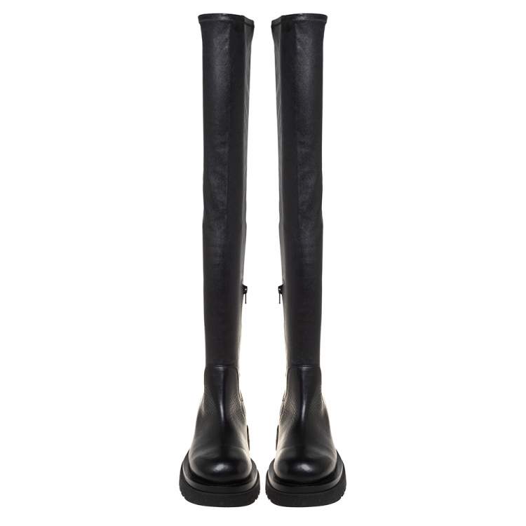 Pre Owned Bottega Veneta Black Leather Lug Sole Over The Knee Boots Size 39.5