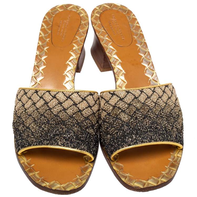Pre Owned Bottega Veneta Black/Gold Chain Stitch Fabric Intrecciato Slide Sandals Size 40 (Only for Dubai customers)
