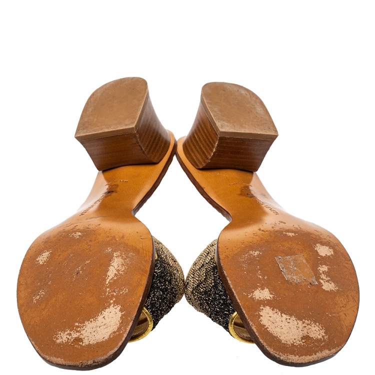 Pre Owned Bottega Veneta Black/Gold Chain Stitch Fabric Intrecciato Slide Sandals Size 40 (Only for Dubai customers)