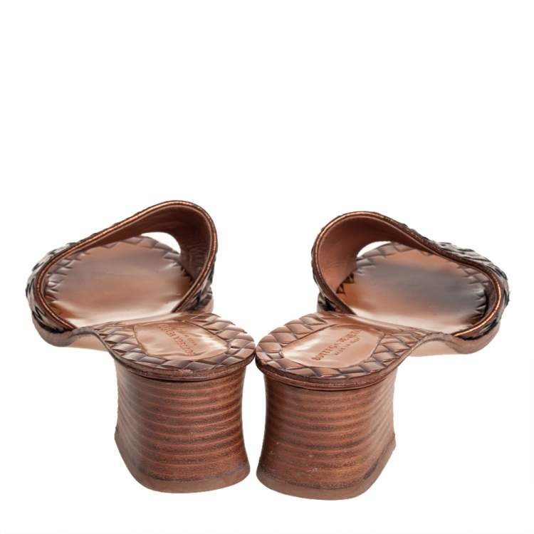 Pre Owned Bottega Veneta Metallic Bronze Intrecciato Leather Ravello Slide Sandals Size 40