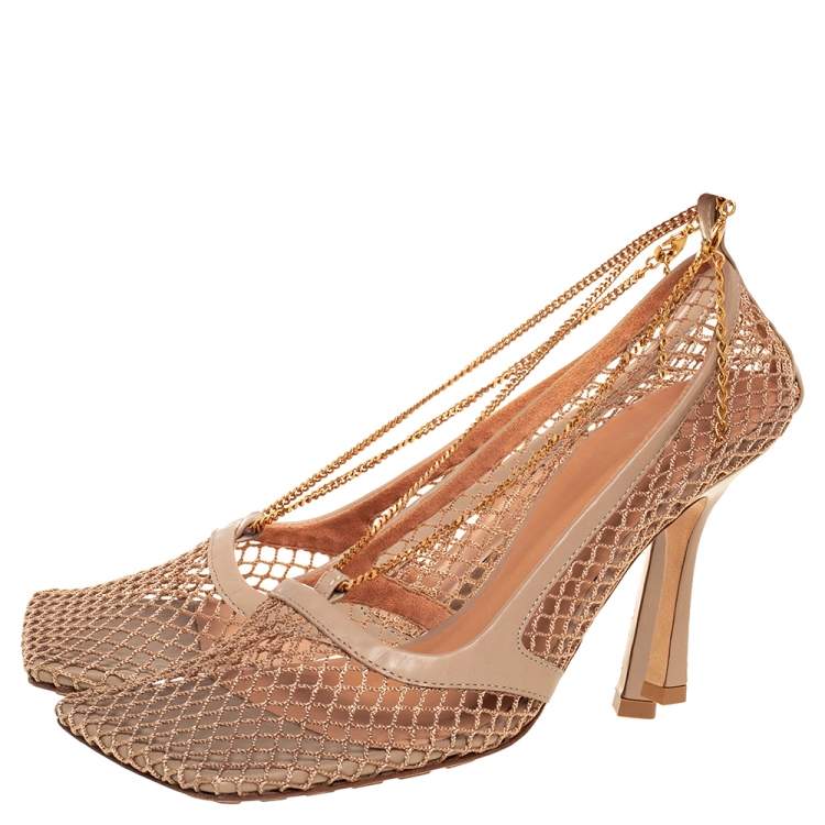 Pre Owned Bottega Veneta Stretch Mesh And Leather Square Toe Pumps Size 39