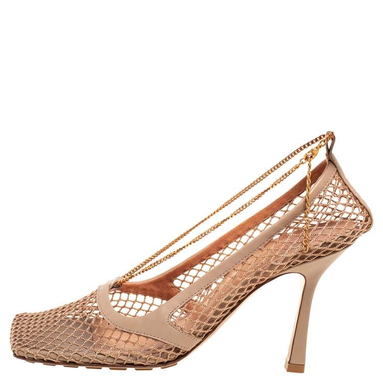 Pre Owned Bottega Veneta Stretch Mesh And Leather Square Toe Pumps Size 39