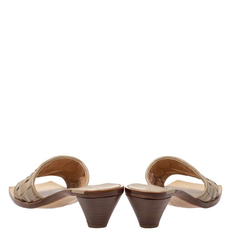 Pre Owned Bottega Veneta Beige Intrecciato Leather Square Toe Slide Sandals Size 39