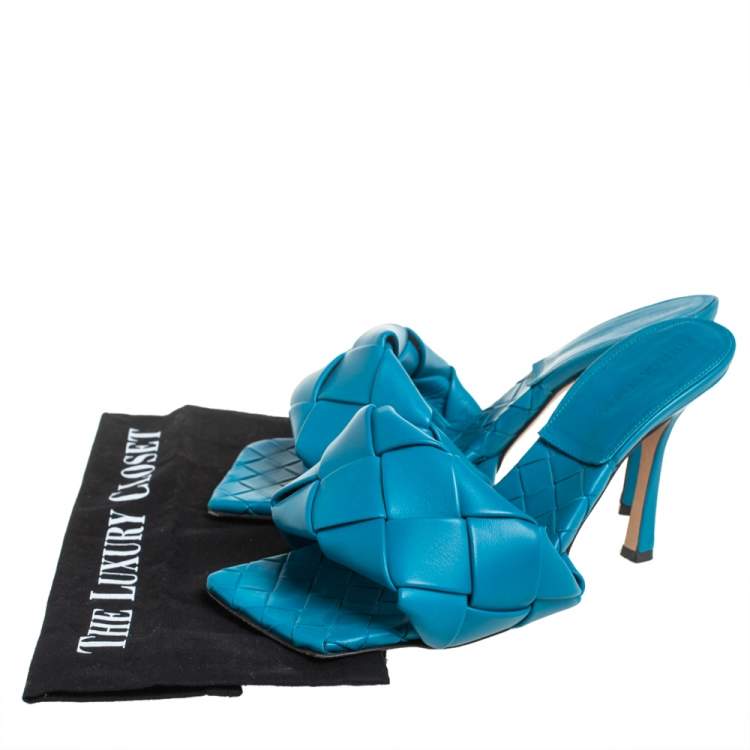 Pre Owned Bottega Veneta Blue Intrecciato Leather Lido Slide Sandals Size 39.5