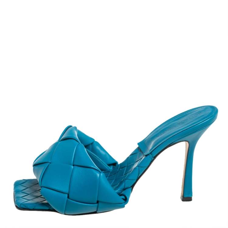 Pre Owned Bottega Veneta Blue Intrecciato Leather Lido Slide Sandals Size 39.5