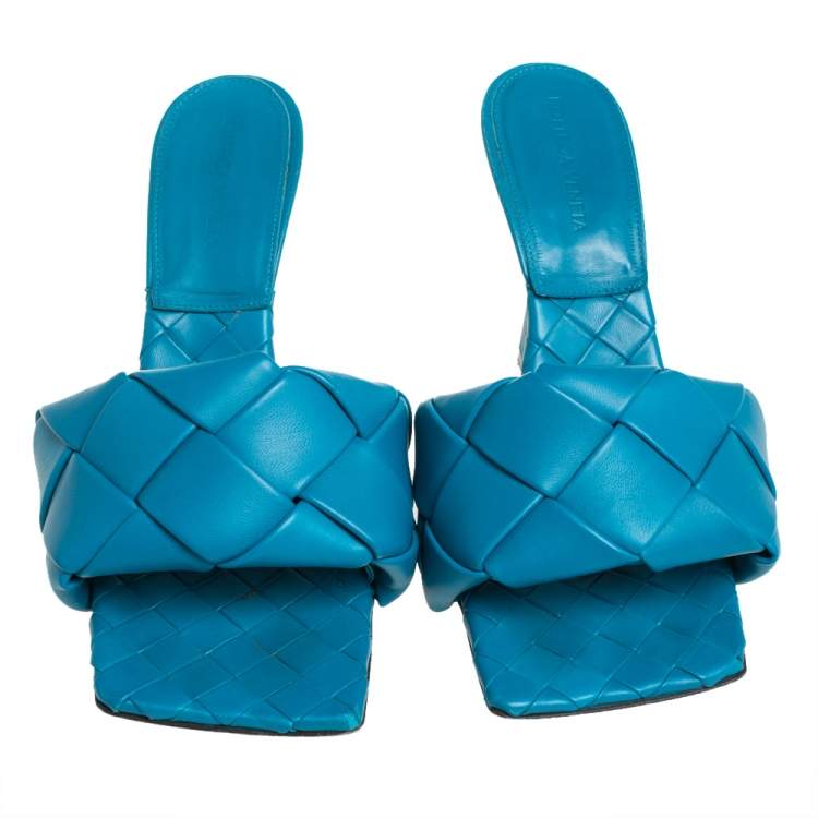 Pre Owned Bottega Veneta Blue Intrecciato Leather Lido Slide Sandals Size 39.5