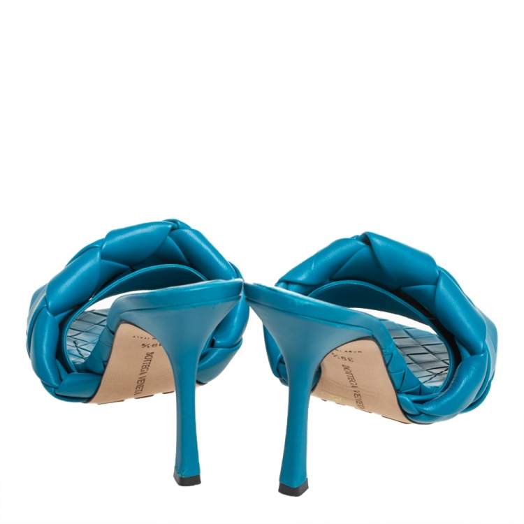 Pre Owned Bottega Veneta Blue Intrecciato Leather Lido Slide Sandals Size 39.5