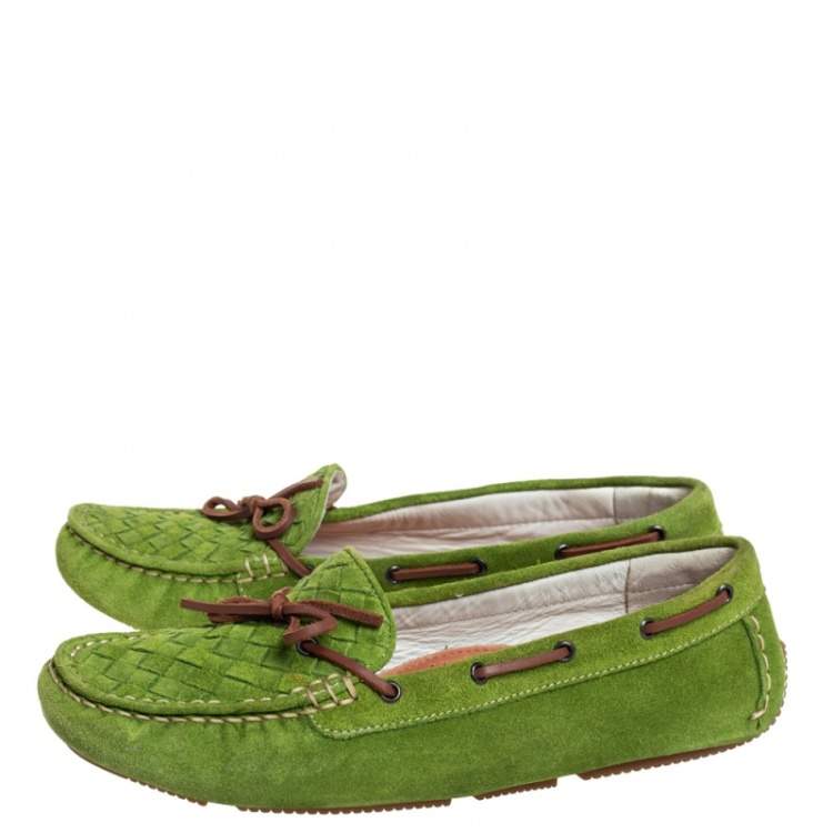 Pre Owned Bottega Veneta Green Intrecciato Suede Bow Slip on Loafers Size 38