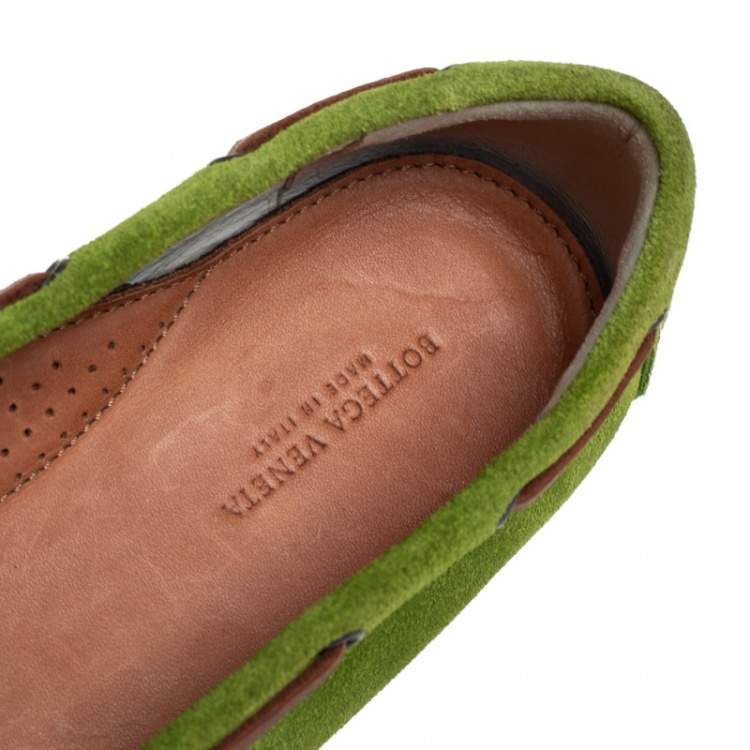 Pre Owned Bottega Veneta Green Intrecciato Suede Bow Slip on Loafers Size 38