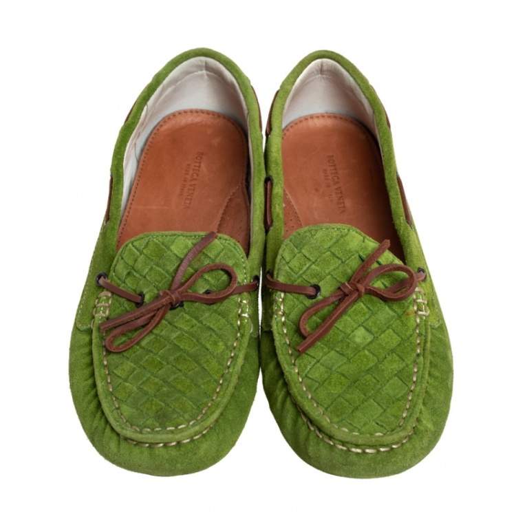 Pre Owned Bottega Veneta Green Intrecciato Suede Bow Slip on Loafers Size 38