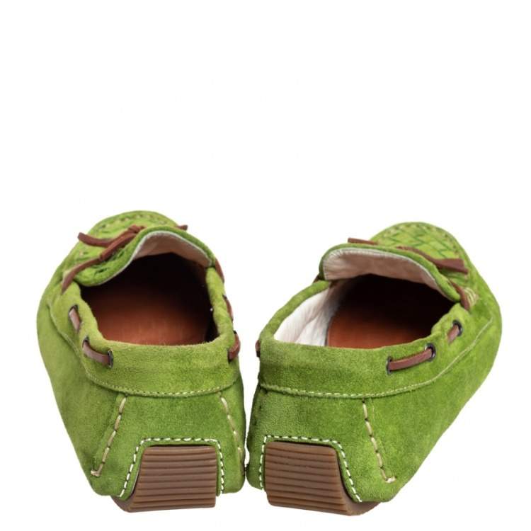 Pre Owned Bottega Veneta Green Intrecciato Suede Bow Slip on Loafers Size 38