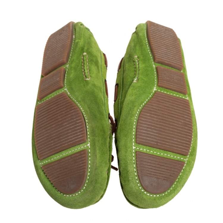 Pre Owned Bottega Veneta Green Intrecciato Suede Bow Slip on Loafers Size 38