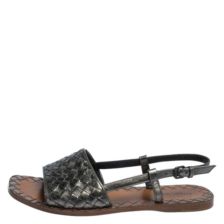 Pre Owned Bottega Veneta Metallic Grey Leather Slingback  Flat Sandals Size 37