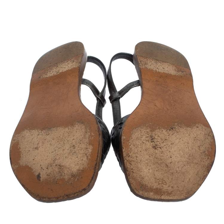 Pre Owned Bottega Veneta Metallic Grey Leather Slingback  Flat Sandals Size 37