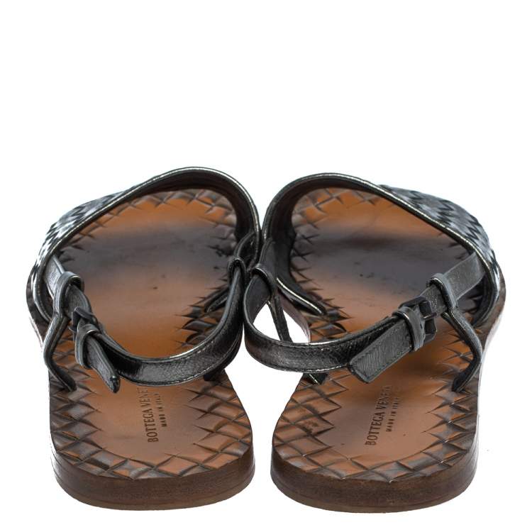 Pre Owned Bottega Veneta Metallic Grey Leather Slingback  Flat Sandals Size 37