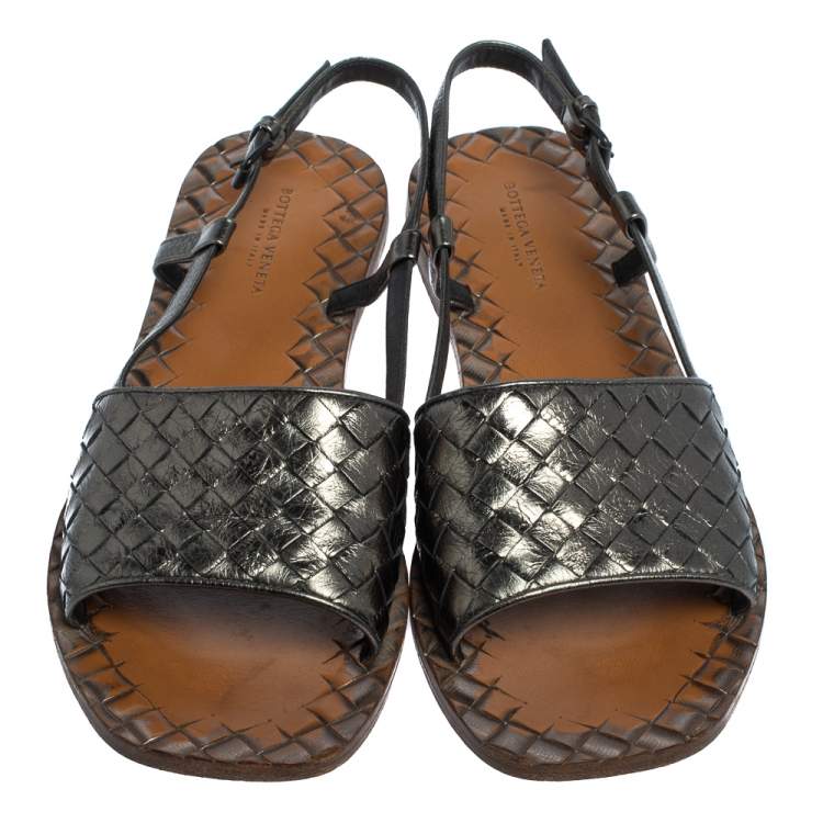 Pre Owned Bottega Veneta Metallic Grey Leather Slingback  Flat Sandals Size 37