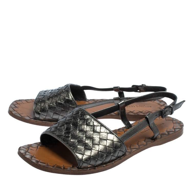 Pre Owned Bottega Veneta Metallic Grey Leather Slingback  Flat Sandals Size 37