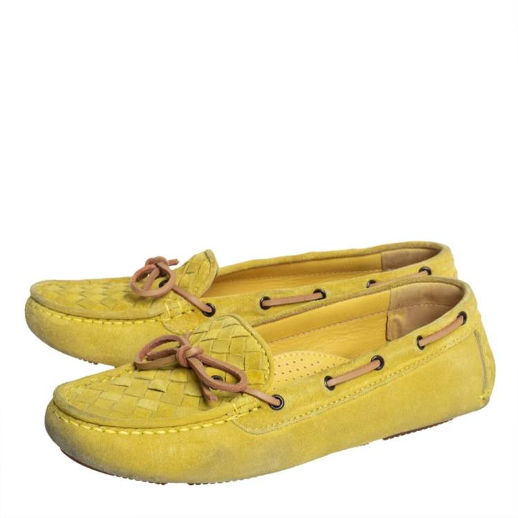 Pre Owned Bottega Veneta Yellow Intrecciato Suede Bow Slip On Loafers Sizs 36.5