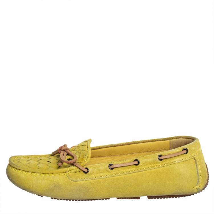 Pre Owned Bottega Veneta Yellow Intrecciato Suede Bow Slip On Loafers Sizs 36.5