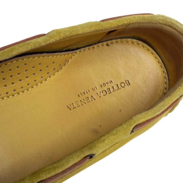 Pre Owned Bottega Veneta Yellow Intrecciato Suede Bow Slip On Loafers Sizs 36.5