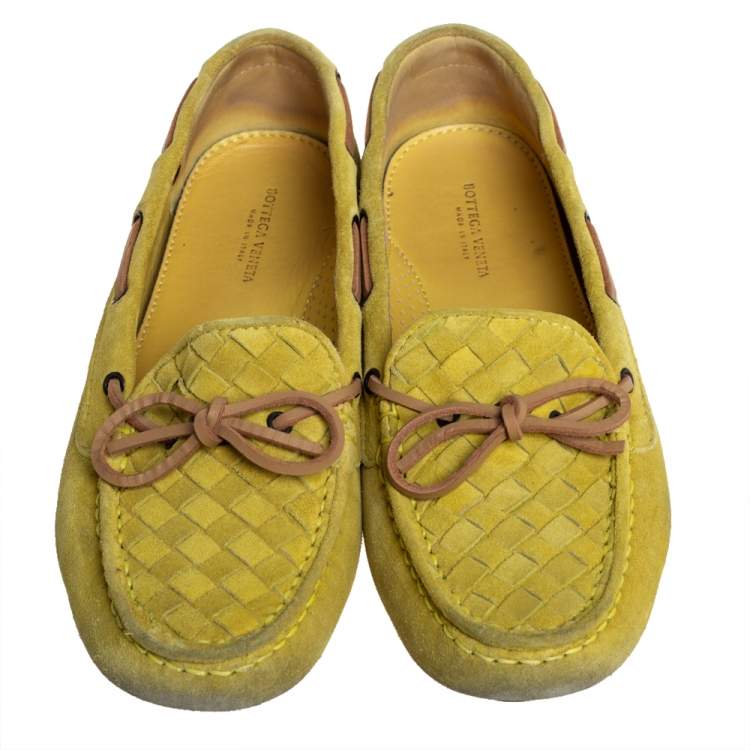 Pre Owned Bottega Veneta Yellow Intrecciato Suede Bow Slip On Loafers Sizs 36.5