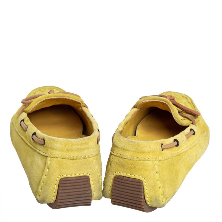 Pre Owned Bottega Veneta Yellow Intrecciato Suede Bow Slip On Loafers Sizs 36.5