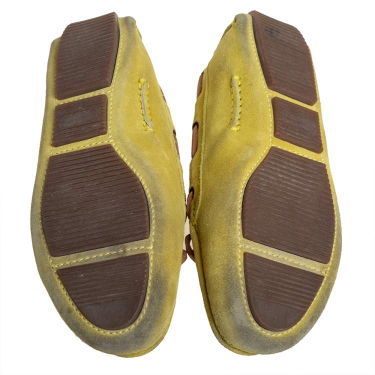 Pre Owned Bottega Veneta Yellow Intrecciato Suede Bow Slip On Loafers Sizs 36.5