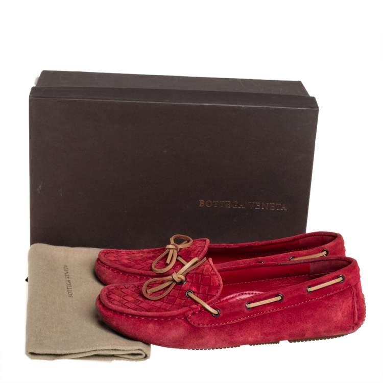Pre Owned Bottega Veneta Red Intrecciato Suede Slip On Loafers Size 37