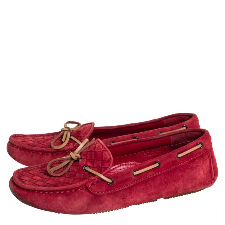 Pre Owned Bottega Veneta Red Intrecciato Suede Slip On Loafers Size 37