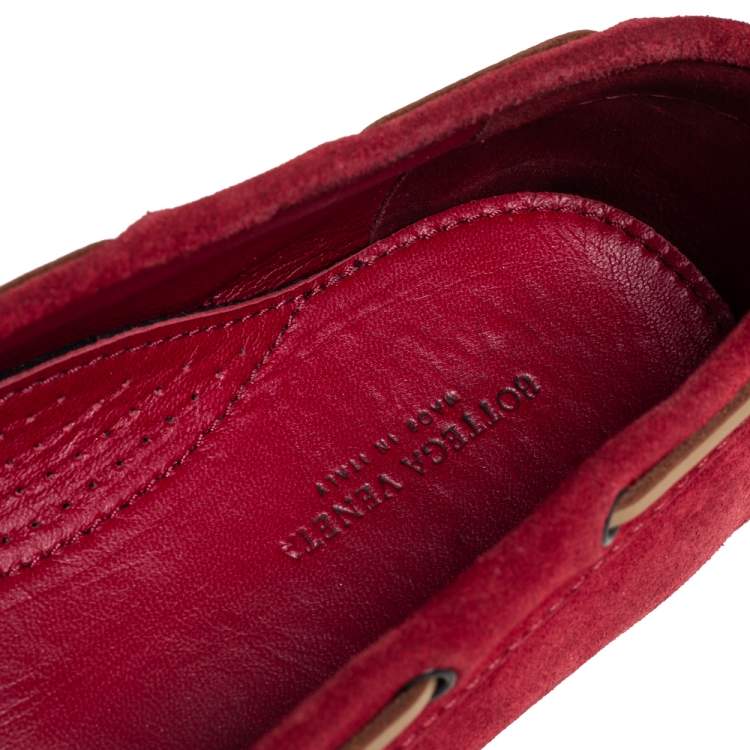 Pre Owned Bottega Veneta Red Intrecciato Suede Slip On Loafers Size 37