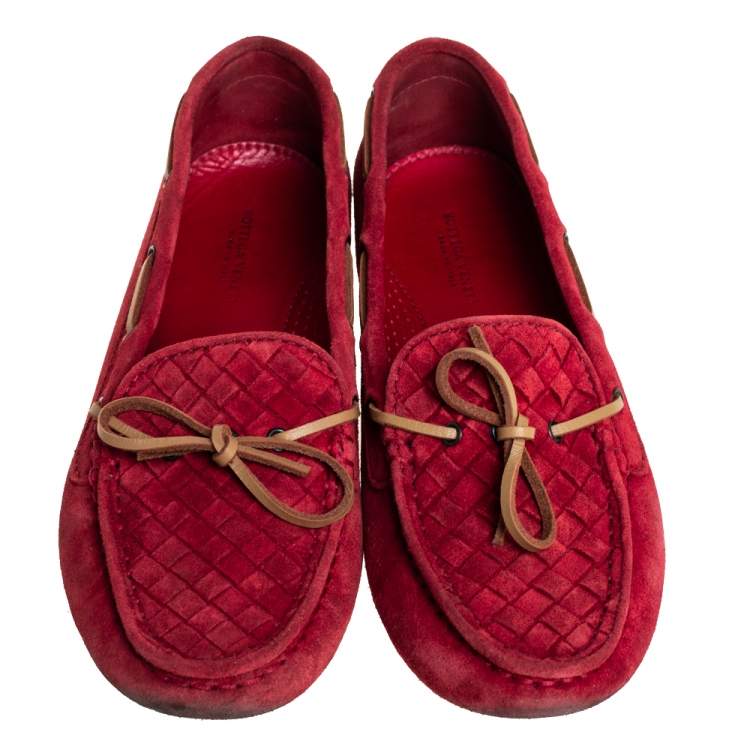 Pre Owned Bottega Veneta Red Intrecciato Suede Slip On Loafers Size 37